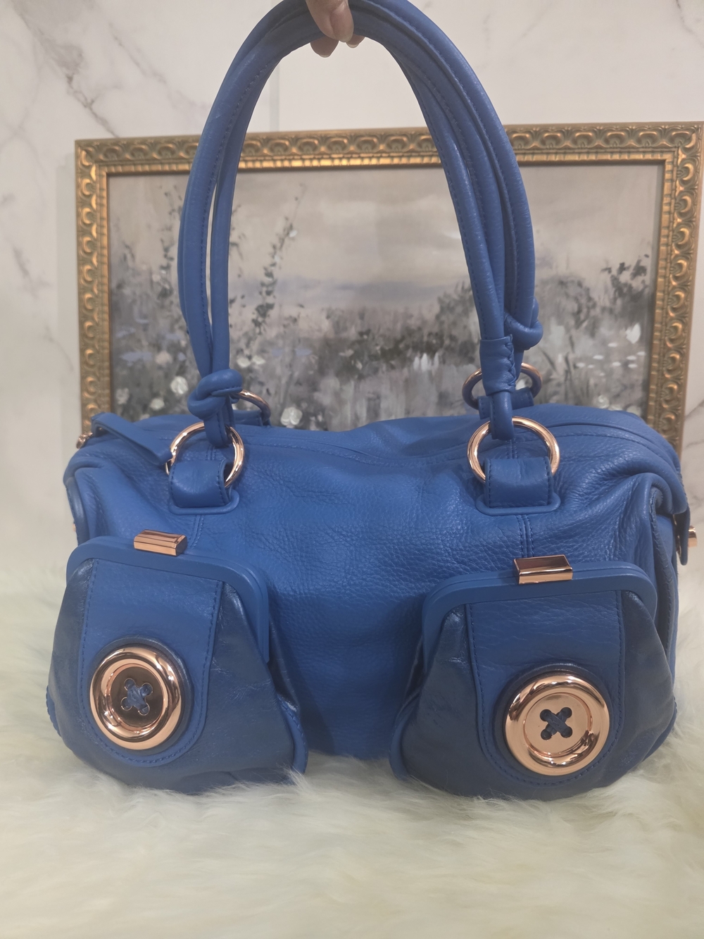 Mimco Royal Blue Leather Double- button Pocket bag with Rose Gold Hardware NWOT